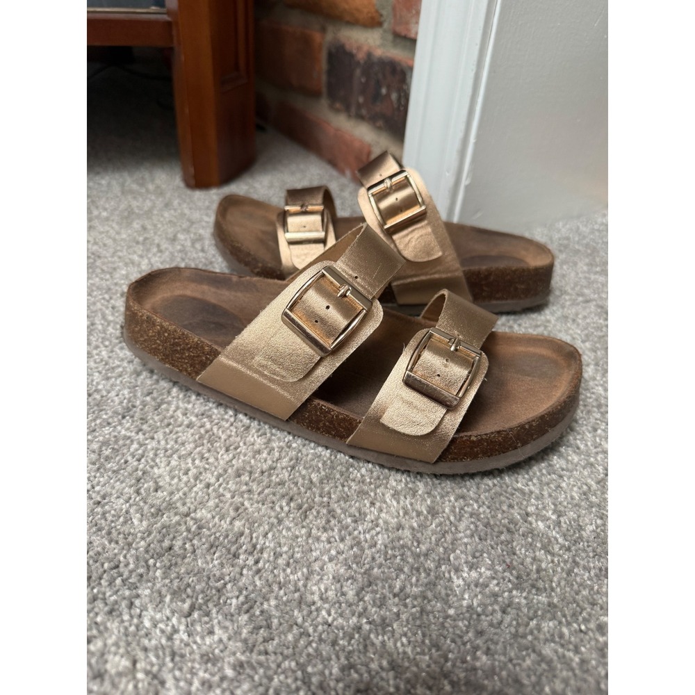 Rose Gold Metallic Double Strap Buckle Slide Sandals Size 3 Cork Footbed